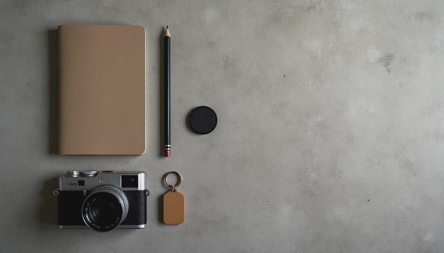 Minimalist desk setup flat lay featuring a Leica rangefinder film camera, linen notebook, and mechanical pencil.webp