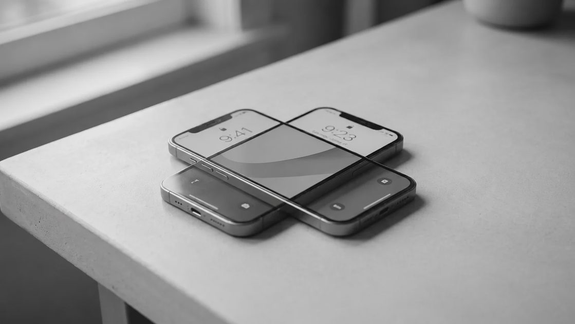 Two smartphones in grayscale mode lying stacked on a concrete desk.webp