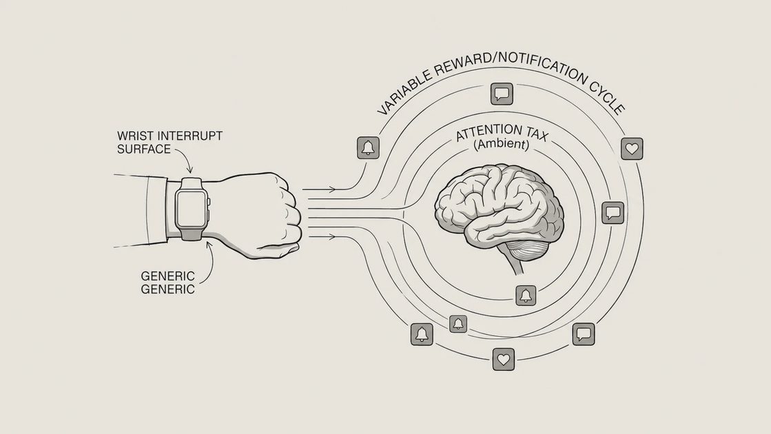 Schematic diagram of smartwatch notification cycle and variable reward loop affecting brain attention.webp