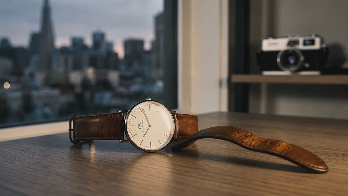 Classic analog watch with leather strap on wooden desk near camera in minimalist room.webp