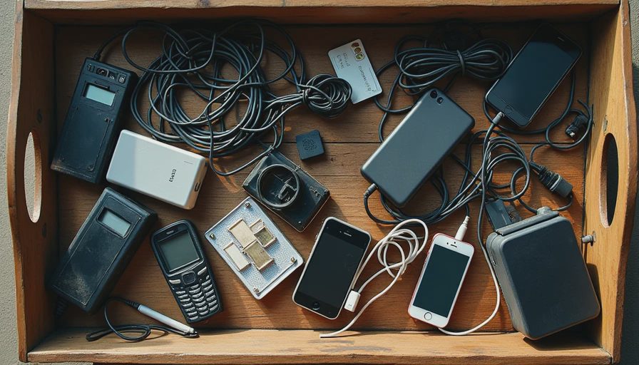 Organized digital clutter with old phones, charging cables, and tech accessories representing digital accumulation.webp