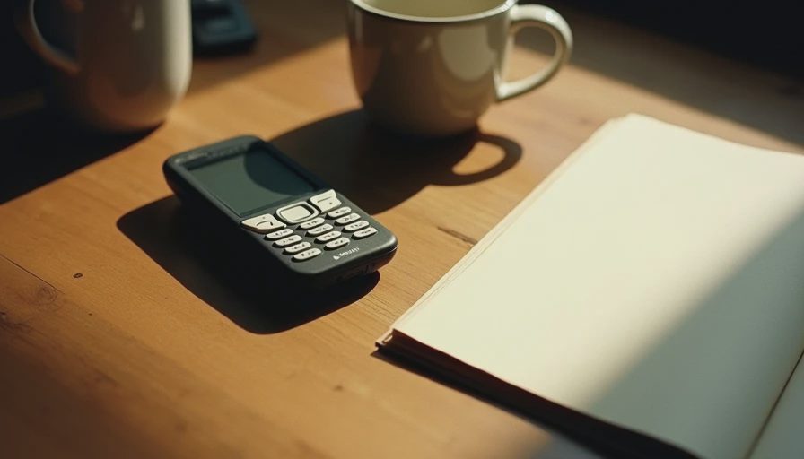 A simple Nokia dumbphone lying on a wooden table next to a coffee mug and an open book.webp