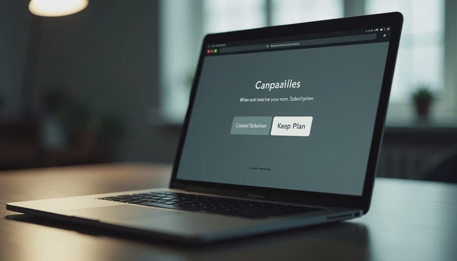 UI screenshot showing a six-step cancellation maze dark pattern with a subtle grey cancel button.webp