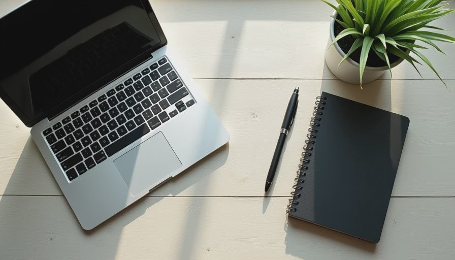 Top-down view of a minimalist desk setup with an open laptop, a black paper notebook, a pen, and a potted plant.webp