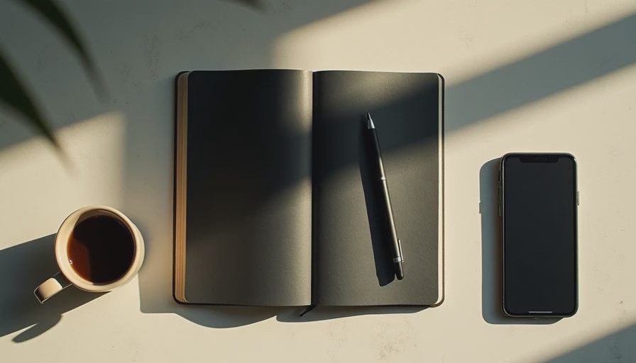 Top-down view of a minimalist workspace with an open paper journal, a pen, a coffee cup, and a face-down smartphone.webp