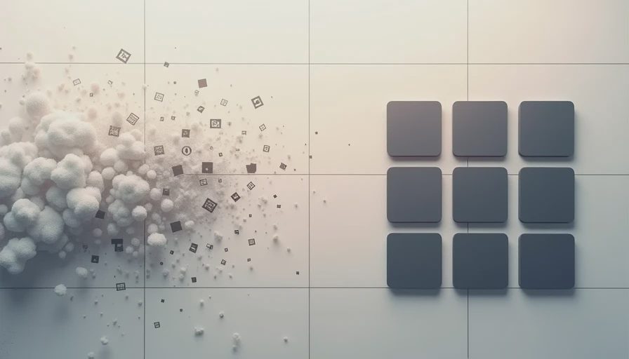 Conceptual diagram of digital minimalism showing chaotic app icons reducing into eight organized squares.webp