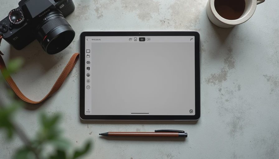 Top-down view of a minimalist workspace with a grayscale tablet and a 35mm rangefinder camera.webp