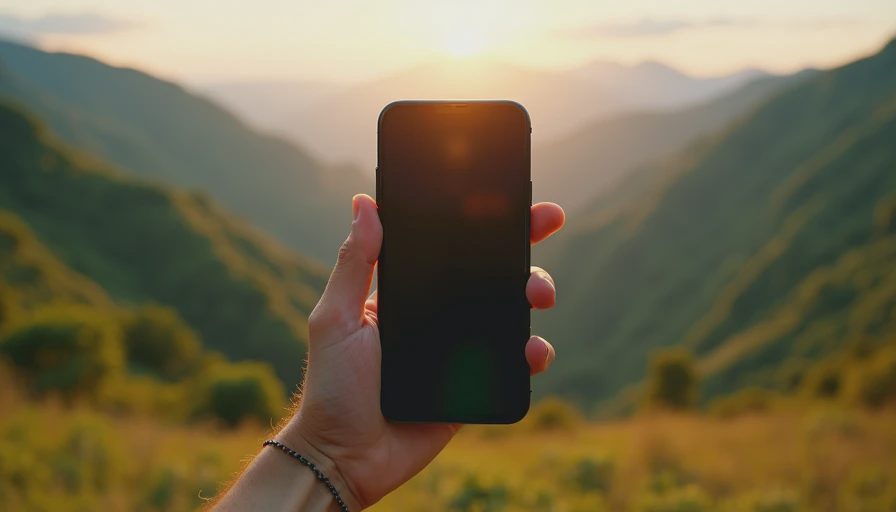 Close-up of a hand holding a grayscale smartphone screen with vibrant natural scenery in the background.webp