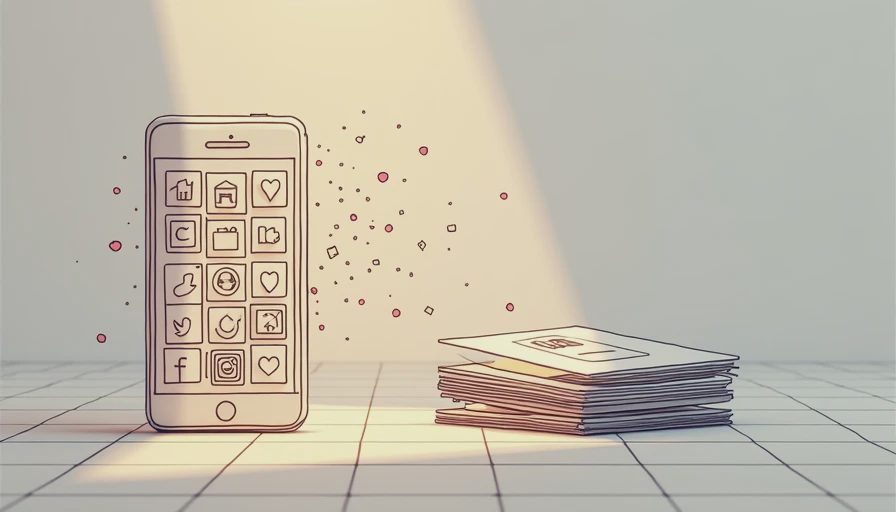 Conceptual illustration comparing a cardboard box of printed photos against fading social media like icons.webp