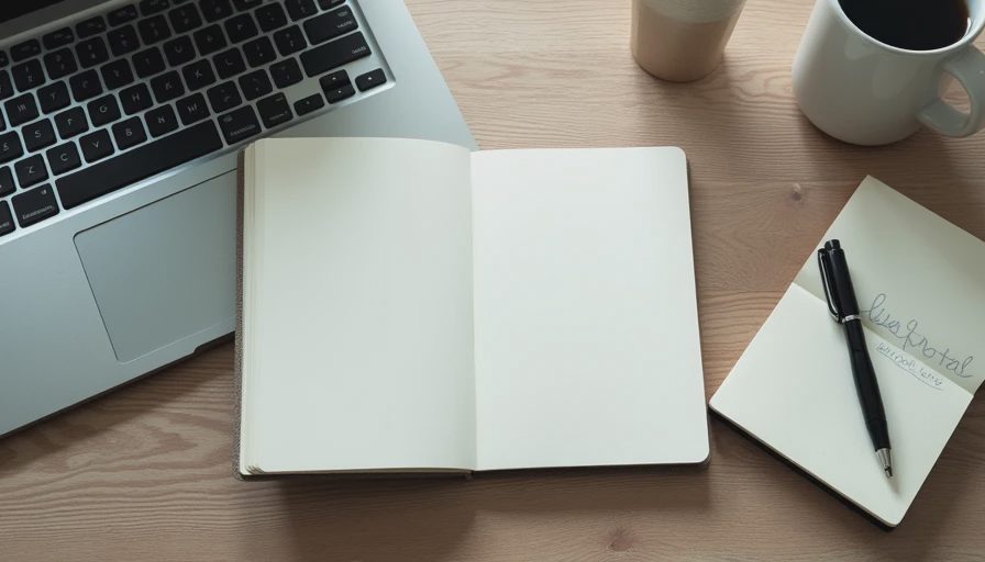 A minimalist wooden desk with a laptop displaying a single app next to an open notebook and coffee mug.webp