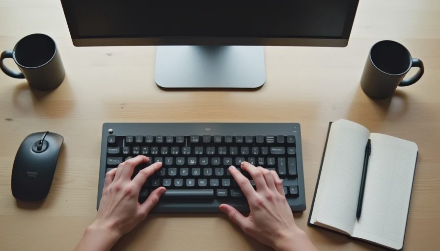 A minimalist desk setup featuring a dark low-profile keyboard in front of a computer monitor.webp