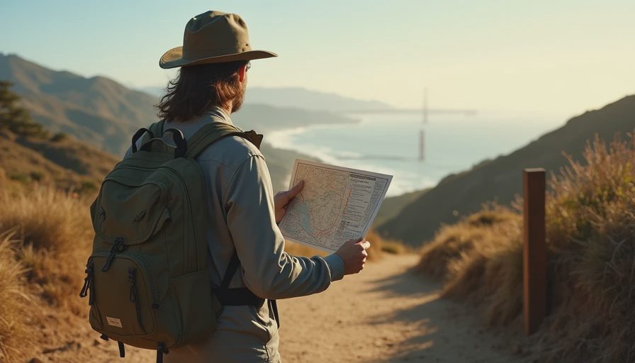 A hiker holding a folded paper map at a trail junction in Marin Headlands.webp