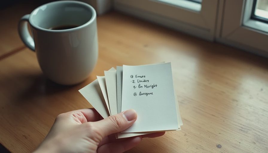 A hand holding a small stack of handwritten physical index cards next to a coffee mug.webp