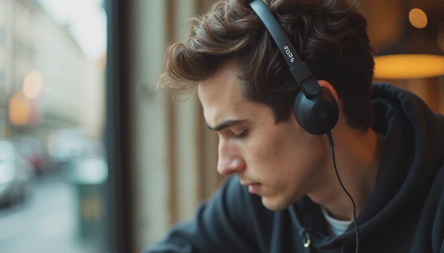 A person wearing active noise cancelling earbuds in a crowded coffee shop to block background noise.webp