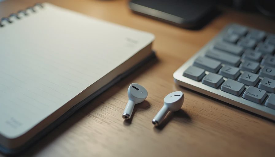 Minimalist focus earbuds sitting on an oak desk alongside a keyboard for daily deep work.webp