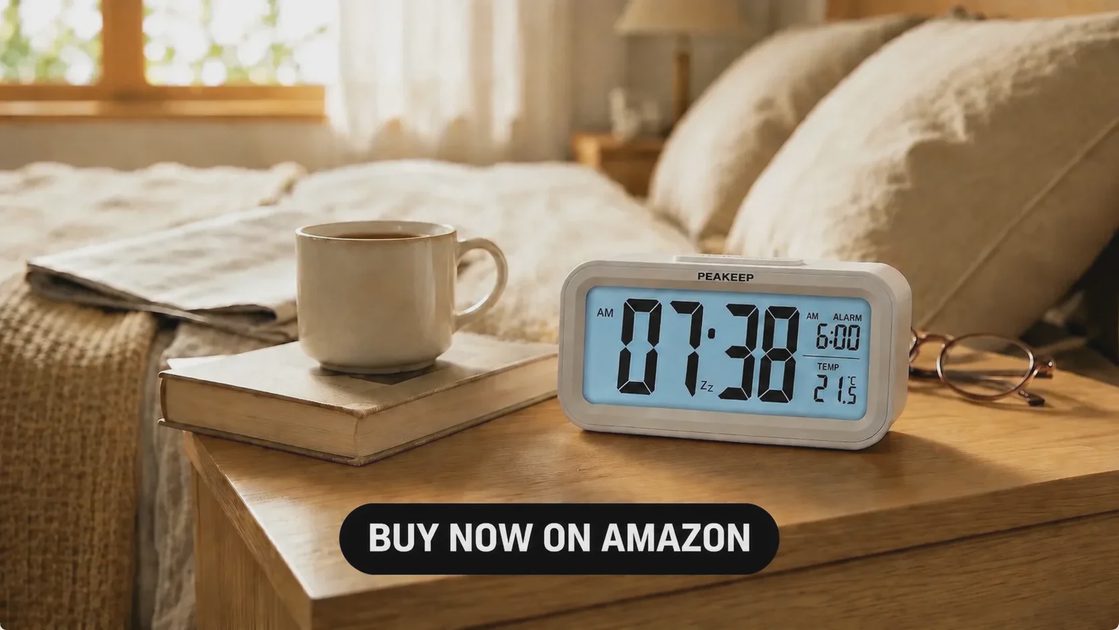 Peakeep battery powered alarm clock on a wooden nightstand for a phone-free bedroom setup.webp