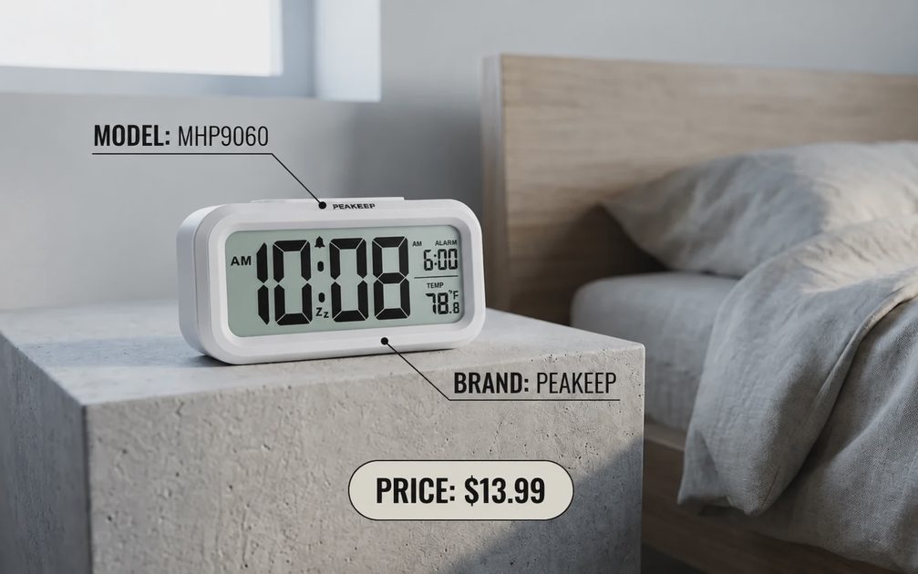 Peakeep MHP9060 digital alarm clock on a minimalist nightstand showing time and price.webp