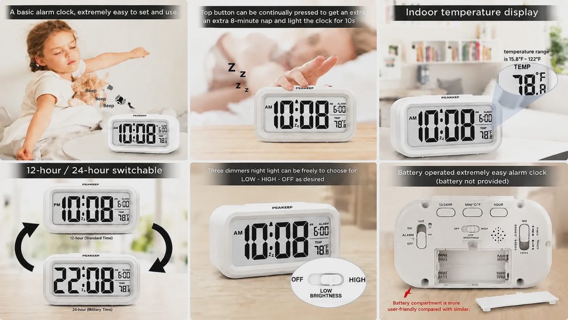 Peakeep MHP9060 digital alarm clock displaying simple time and room temperature for a distraction-free bedroom.webp