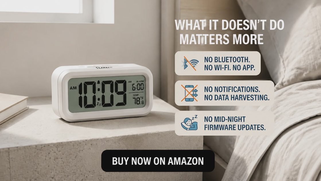 White Peakeep digital alarm clock displaying time and room temperature with no Wi-Fi or Bluetooth.webp