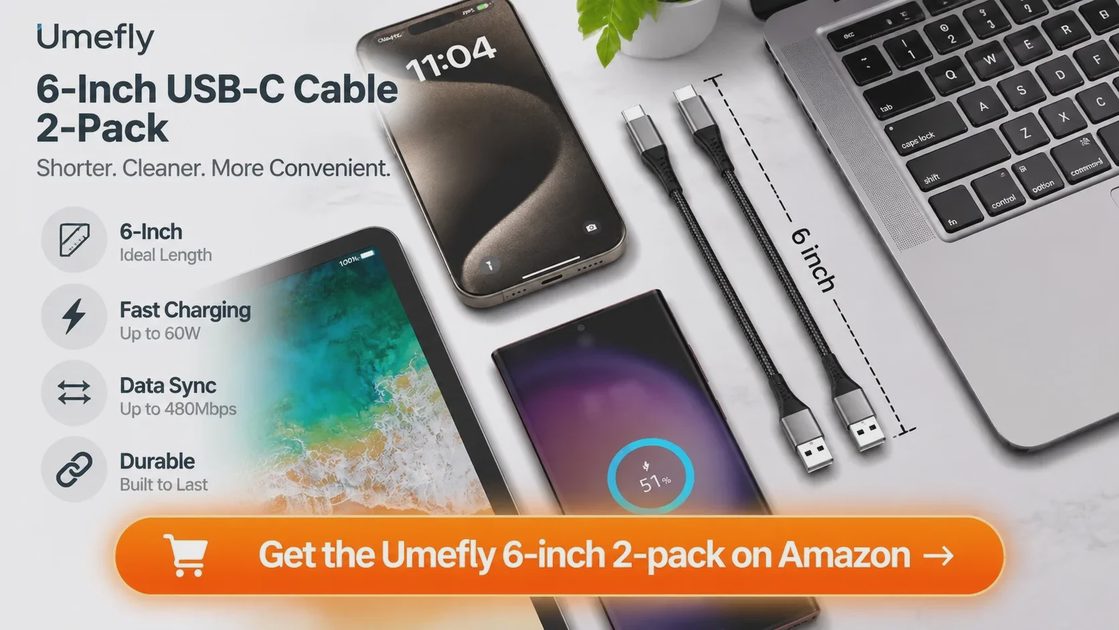 Get the Umefly 6-inch 2-pack on Amazon → Umefly 6-inch USB-A to USB-C Cable, 2-Pack